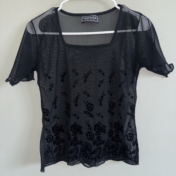 Vintage 90s Versace Jeans Couture Woman’s Black Sheer Mesh Top Floral Gradient S - Picture 3 of 8